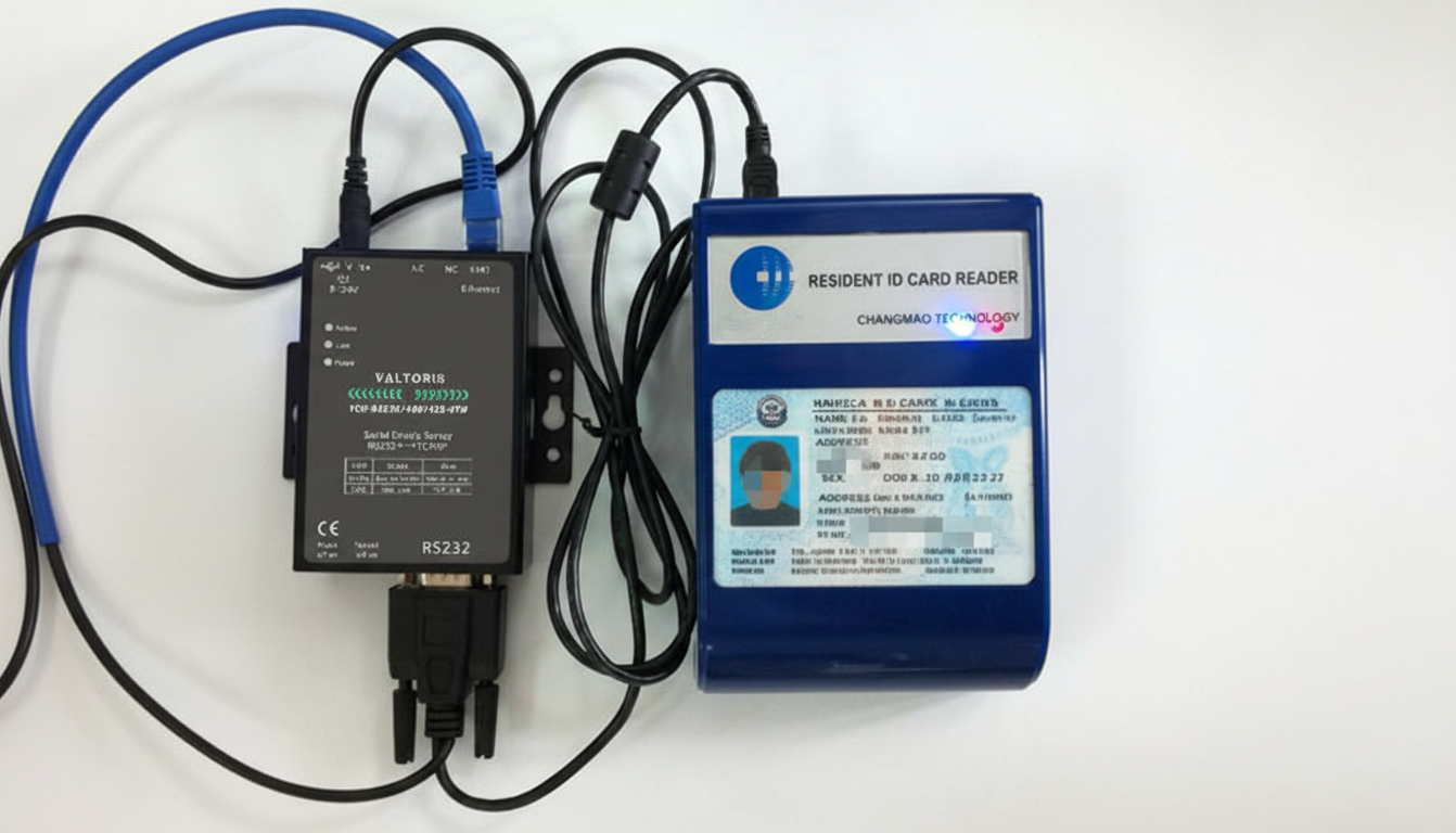 A VALTORIS Serial Device Server connected to an ID card reader.png