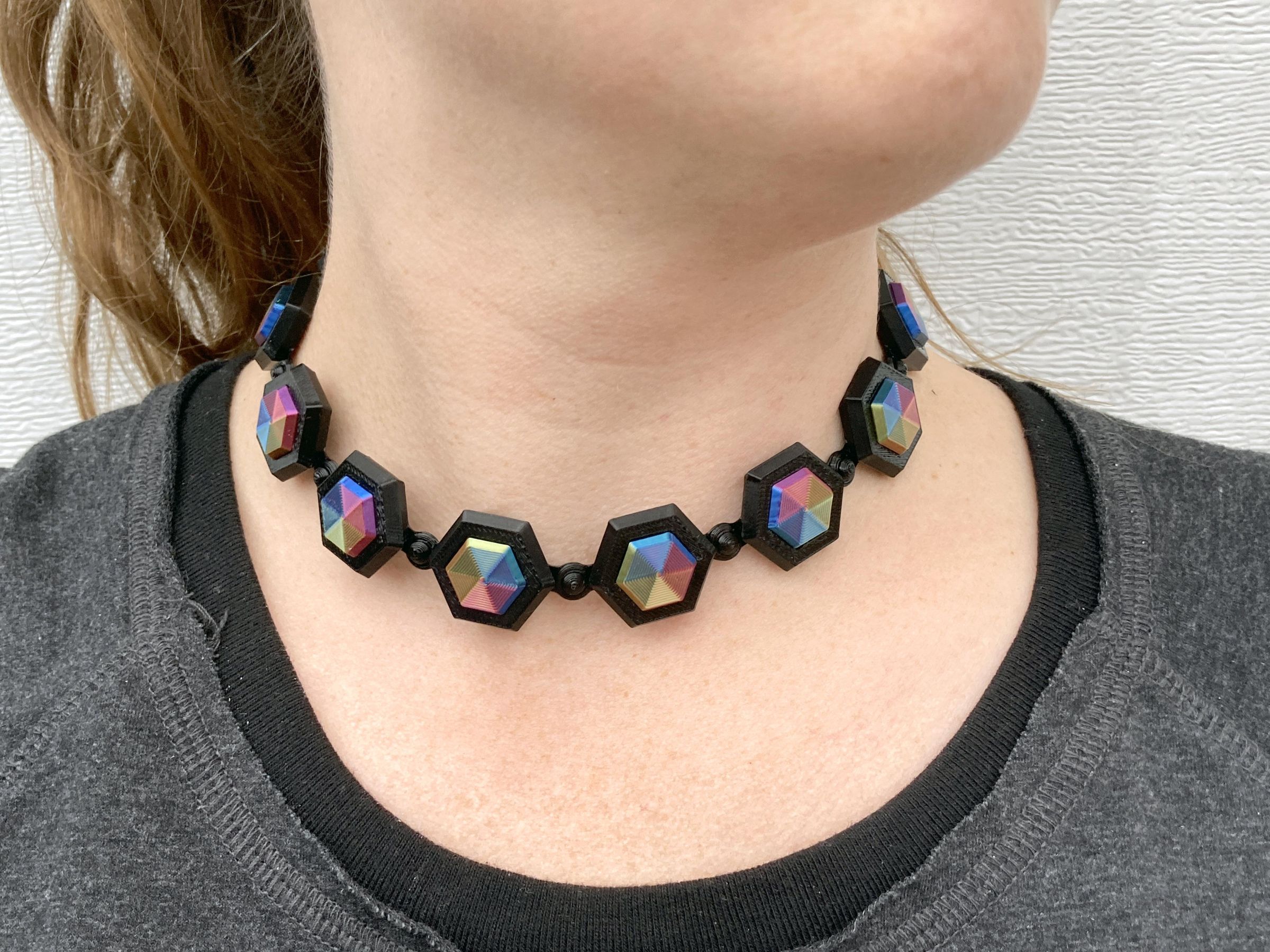 Wearing black and rainbow Flexible Diamond Link Choker.JPG