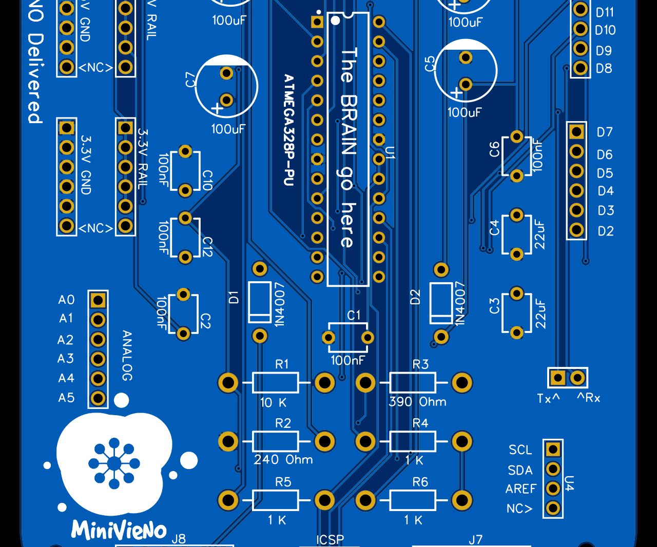 Custom DIY Arduino UNO R3 Full THT Board (MiniVieNO) With Enhanced Power, Connectivity Features