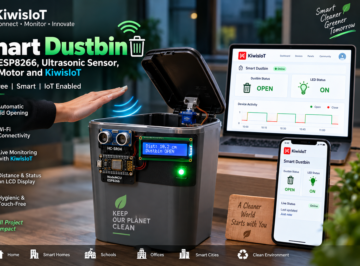 Smart Dustbin Using ESP8266, Ultrasonic Sensor, Servo & KiwisIoT