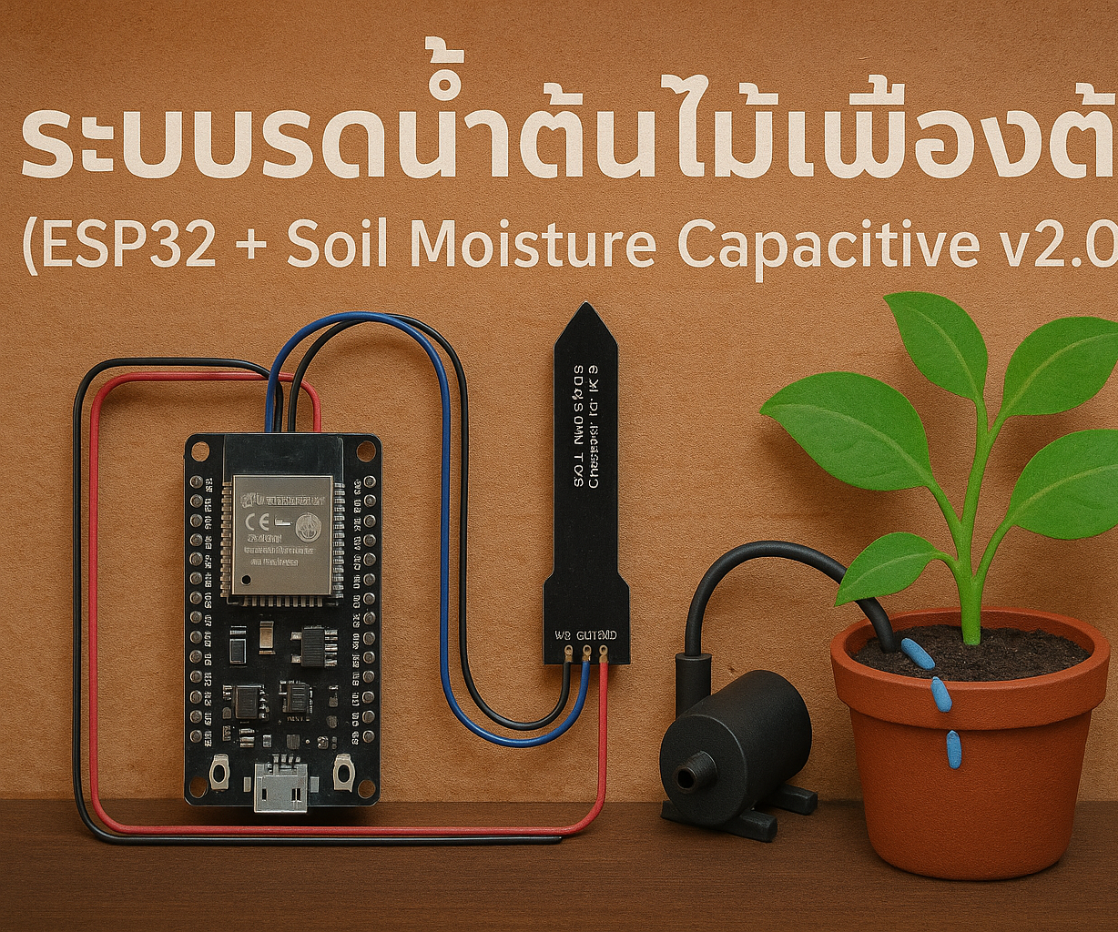 ระบบรดน้ำต้นไม้เบื้องต้น (ESP32 + Soil Moisture Capacitive V2.0)