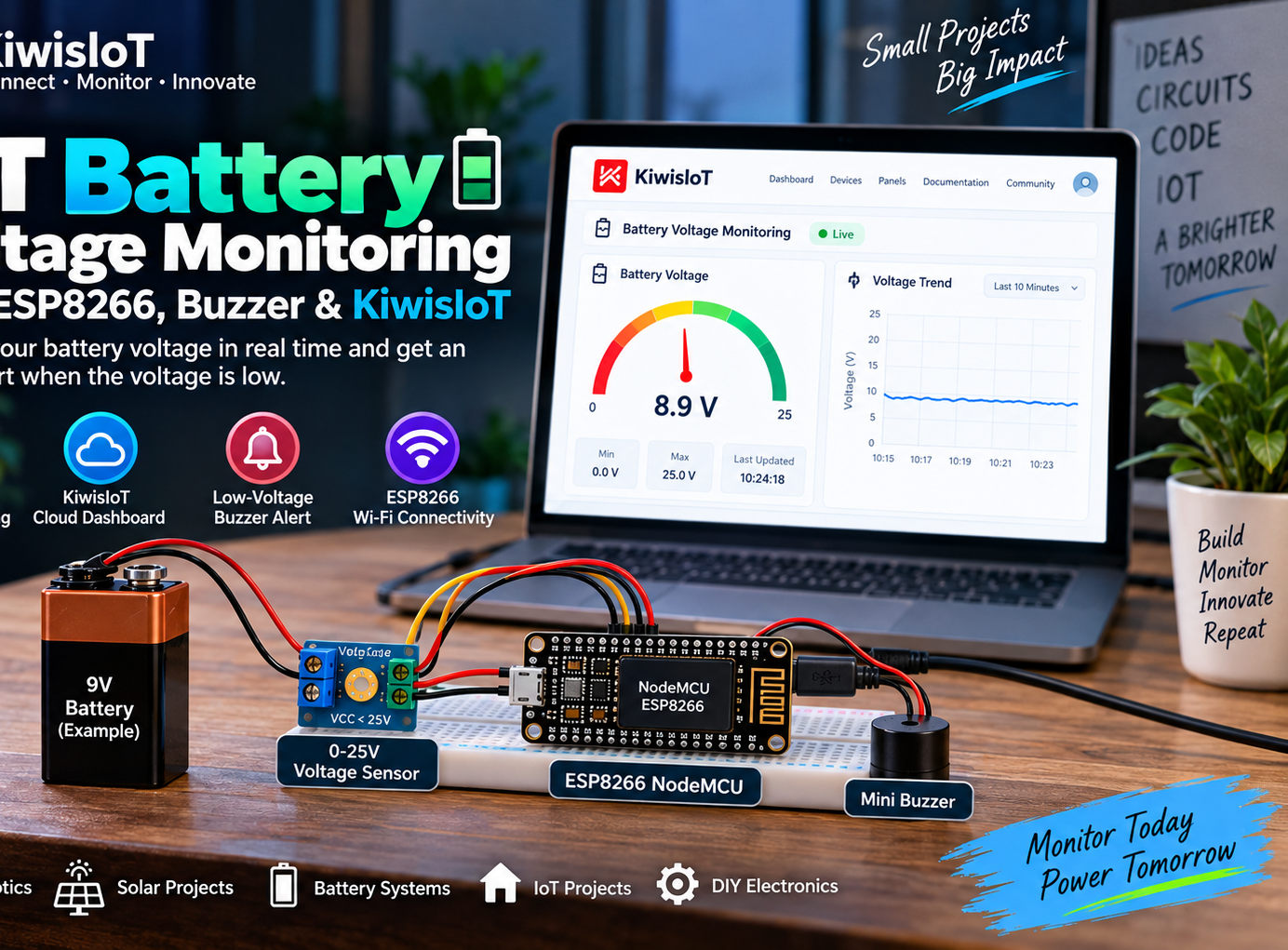 IoT Battery Voltage Monitor Using ESP8266 and KiwisIoT