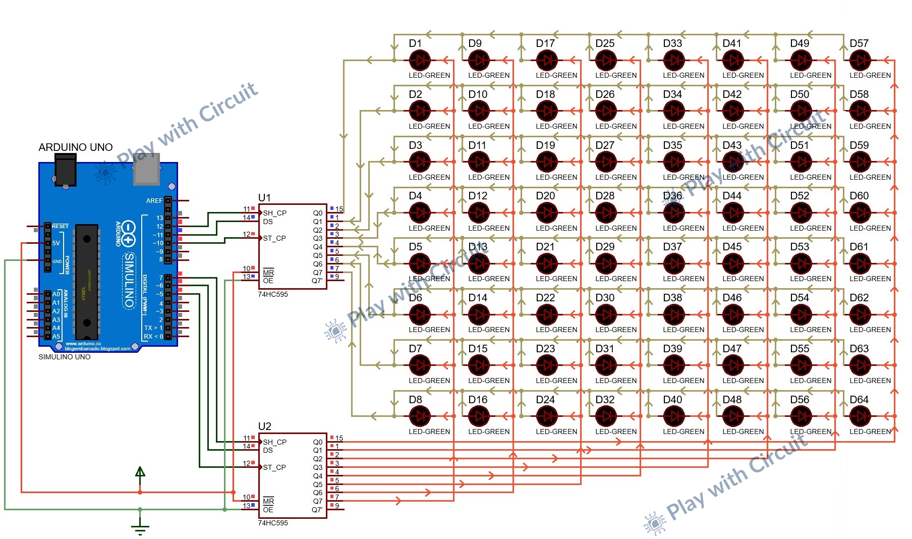Displaying Diwali Patterns on an 8x8 LED Matrix Using Arduino and 74HC595 Shift Registers Circuit Diagram.png