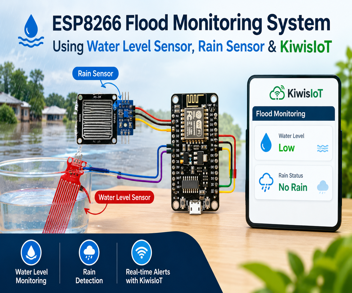 ESP8266 Flood Monitoring System Using Water Level Sensor, Rain Sensor & KiwisIoT