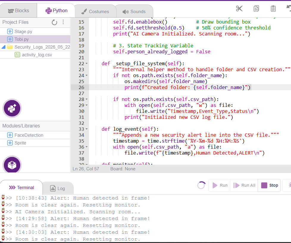 AI Vision Security Guard: Automated CSV Log Engine in PictoBlox