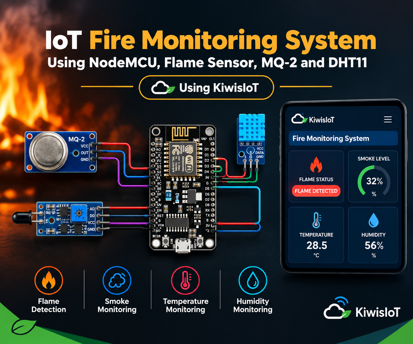 IoT Fire Monitoring System Using NodeMCU, Flame Sensor, MQ-2 and DHT11 Using KiwisIoT