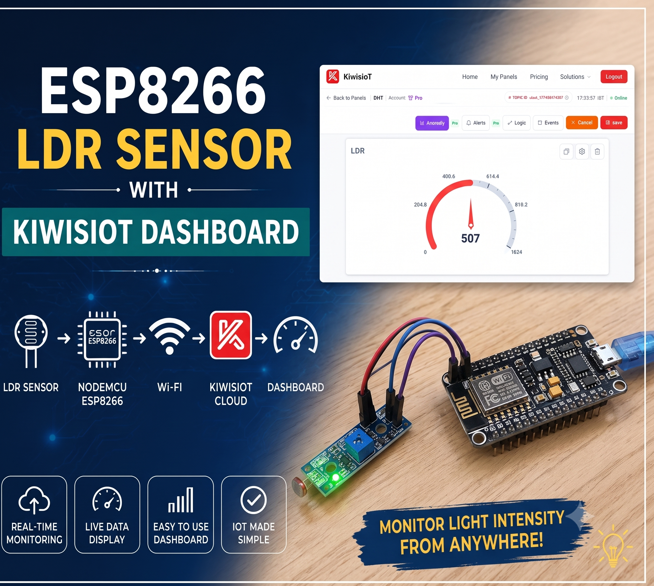 ESP8266 LDR Sensor With KiwisIoT Dashboard