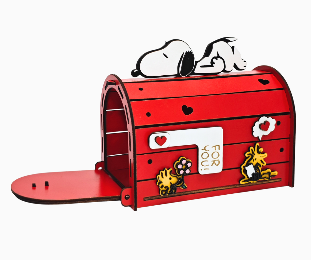 Laser Cut Snoopy-Themed Desktop Trash Bin Using Colored Plywood