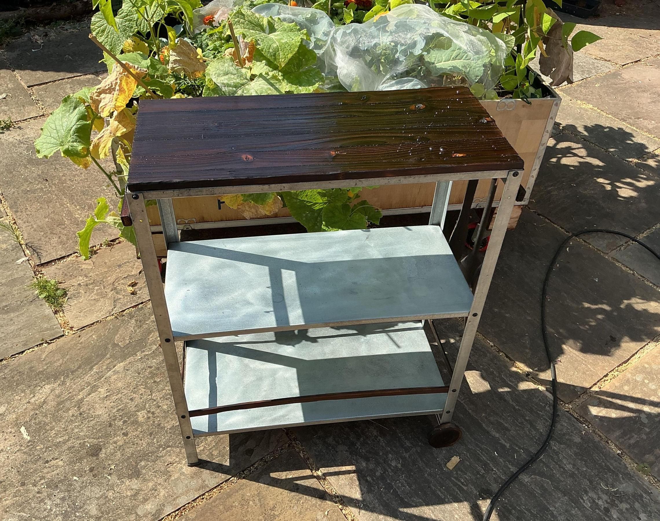 Garden Kitchen Unit With Yakisugi Worktop and Tools- Made From Discarded Shed Shelves and Scrap Wood