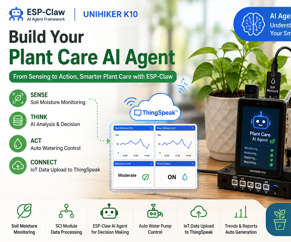 Build a No-Code AI Plant Care Assistant (ESP-Claw + UNIHIKER K10)