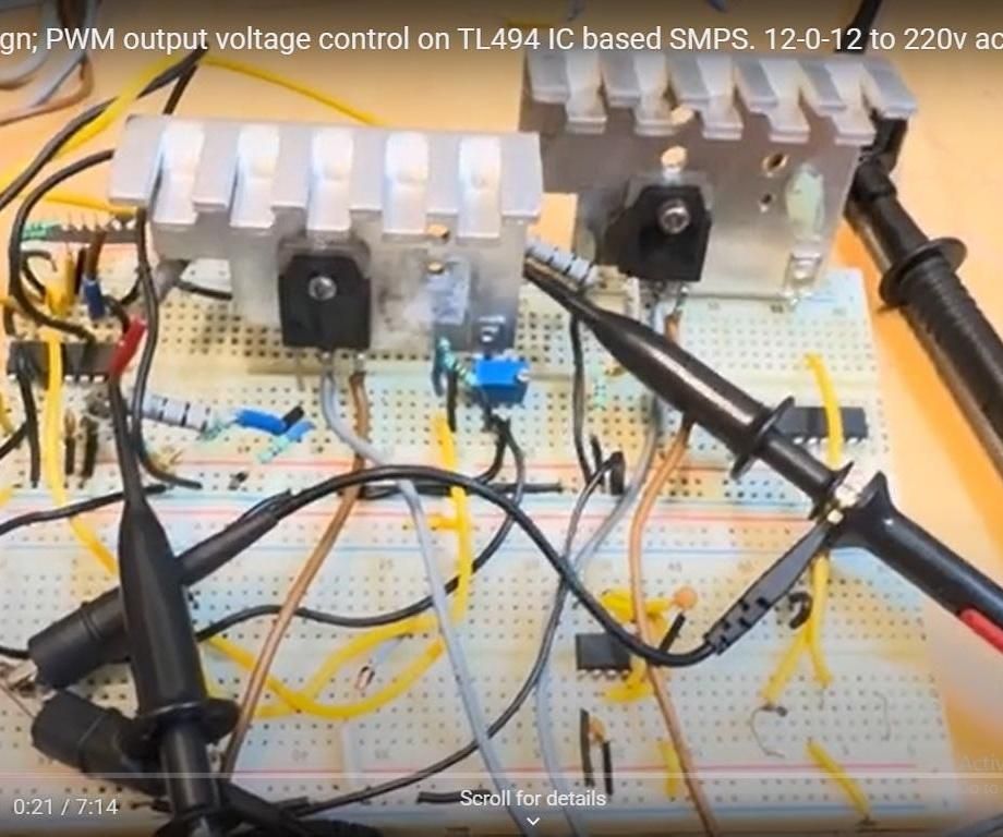 SMPS Output Voltage Control Using PWM Technique Using IC TL494 Based SMPS. 12-0-12 V Ac to 220 V Ac @ 20 Watt. Frequency 63 KHZ