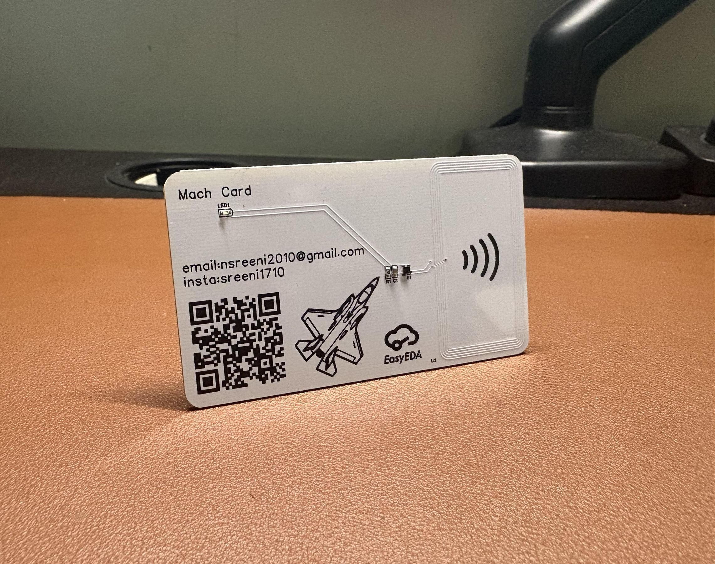 Mach Card Is a Custom NFC-enabled PCB Business Card That Transmits a URL on Tap and Lights Up an LED All Powered Wirelessly From Your Phone.