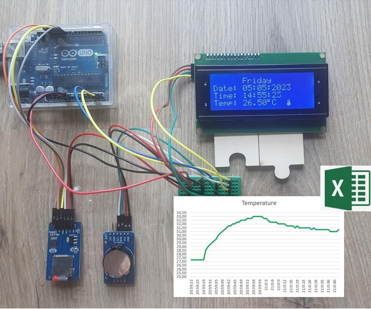 Logging and Displaying Data on Excel : Arduino UNO + DS3231 Rtc Module + SDcard Module + LCD 20x4 I2C
