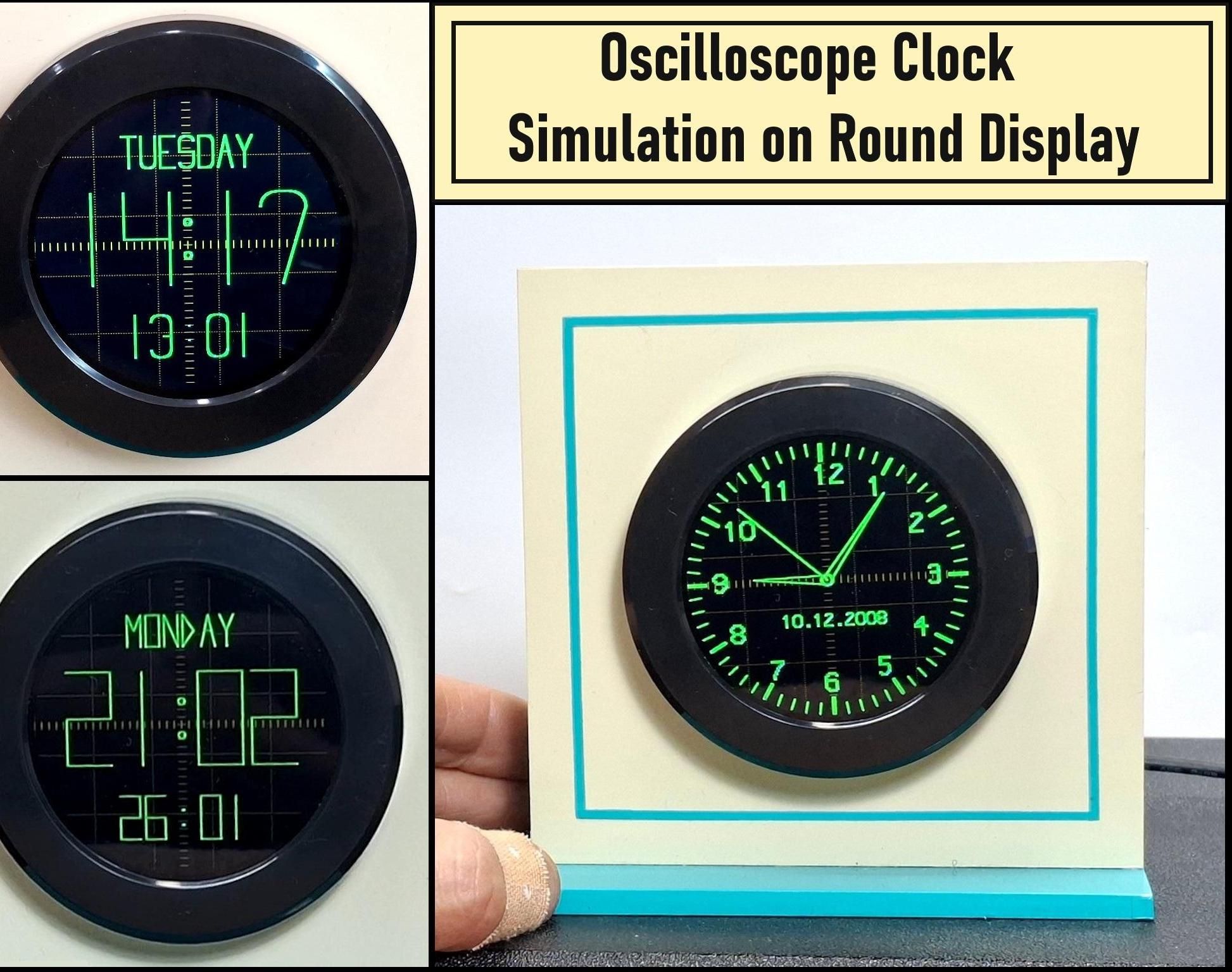 Oscilloscope Clock Simulation on a Round ESP32 Display