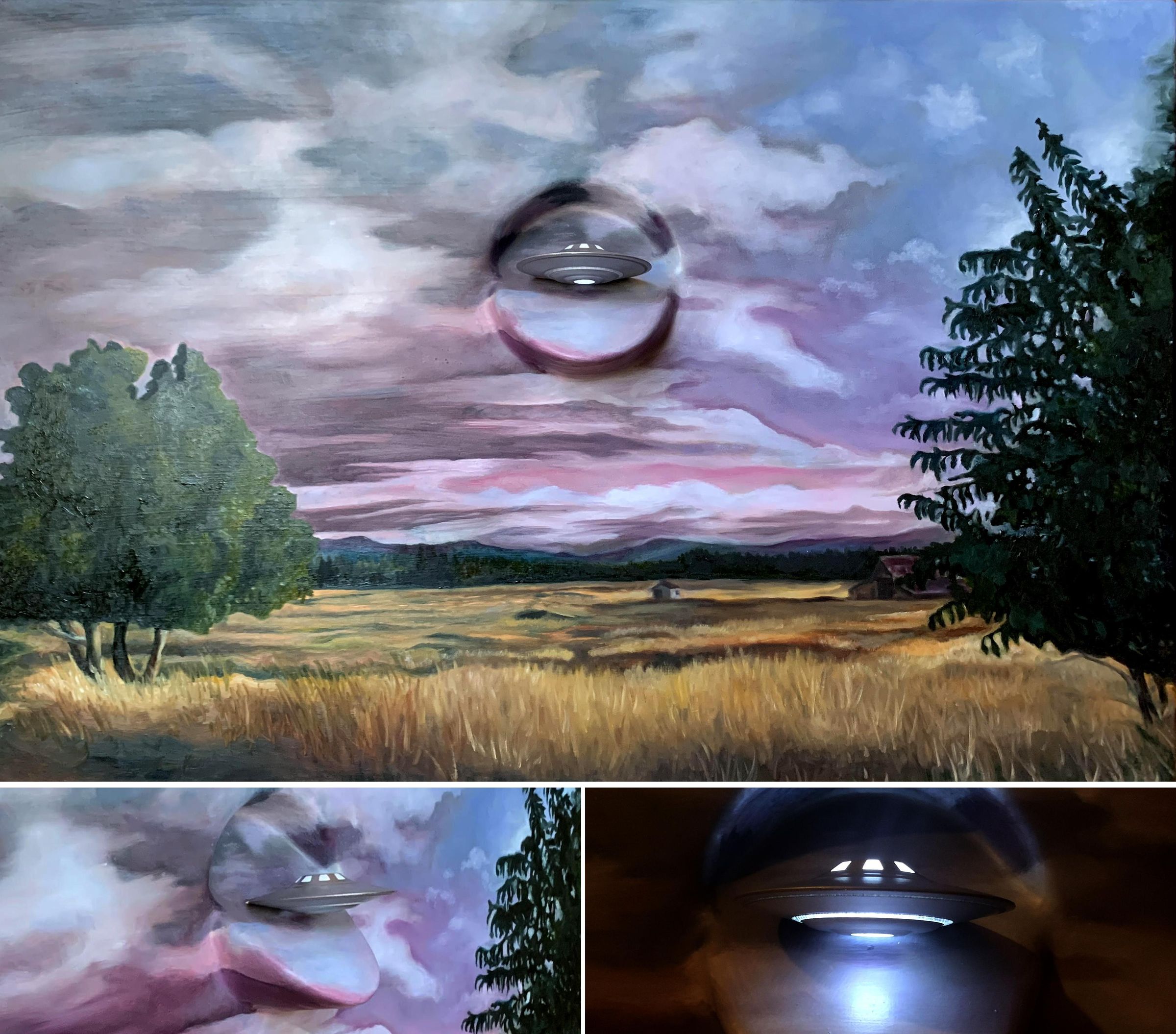 Trans-Medium UFO Art - Illuminated Flying Saucer Rides Gravity Wave Into Landscape Painting