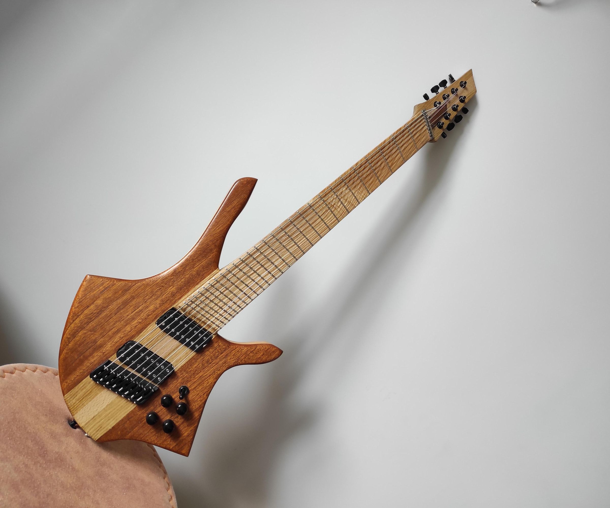Body-trough Pickup Mount in Case of 8-string Multi-scale Recycle Wood Guitar