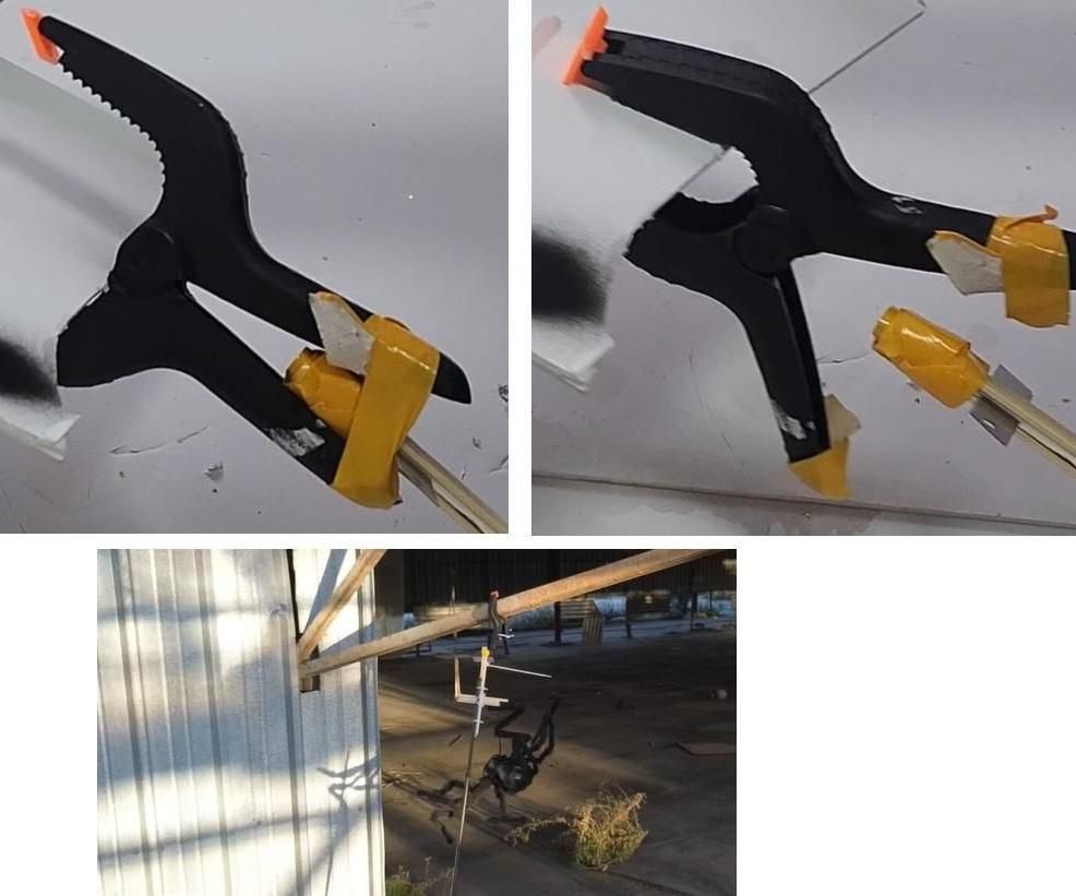 Pressure Activated Spring Clamps for Hanging Spiders on High Places.