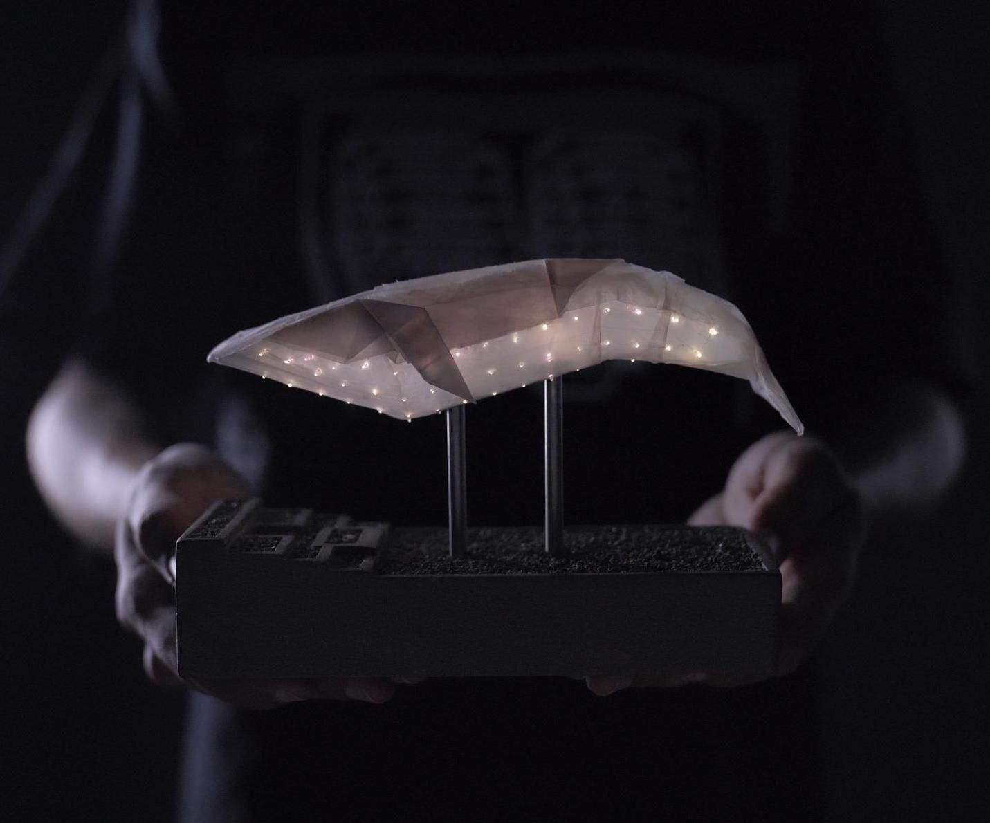 Origami Whale With Optic Fibers Floating Over a Concrete Base