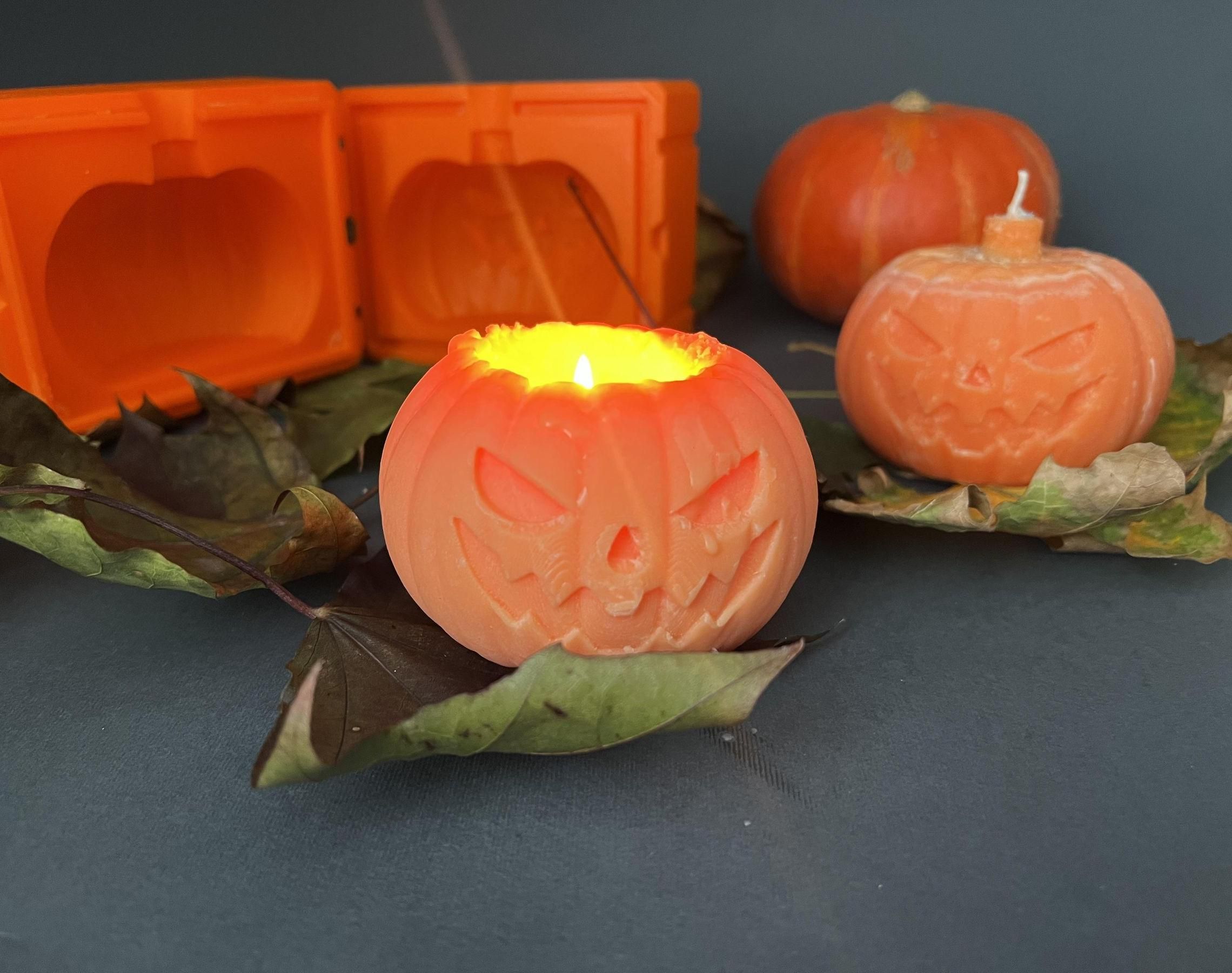 Halloween Pumpkin Candle From a 3D-Printed Two-Part Mold (No CAD Needed)