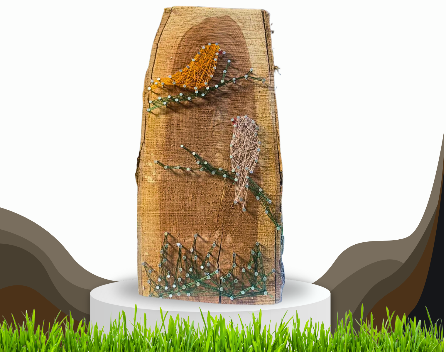 A Beautiful String Art of Birds on a Rustic Wood Log 🐦🧵
